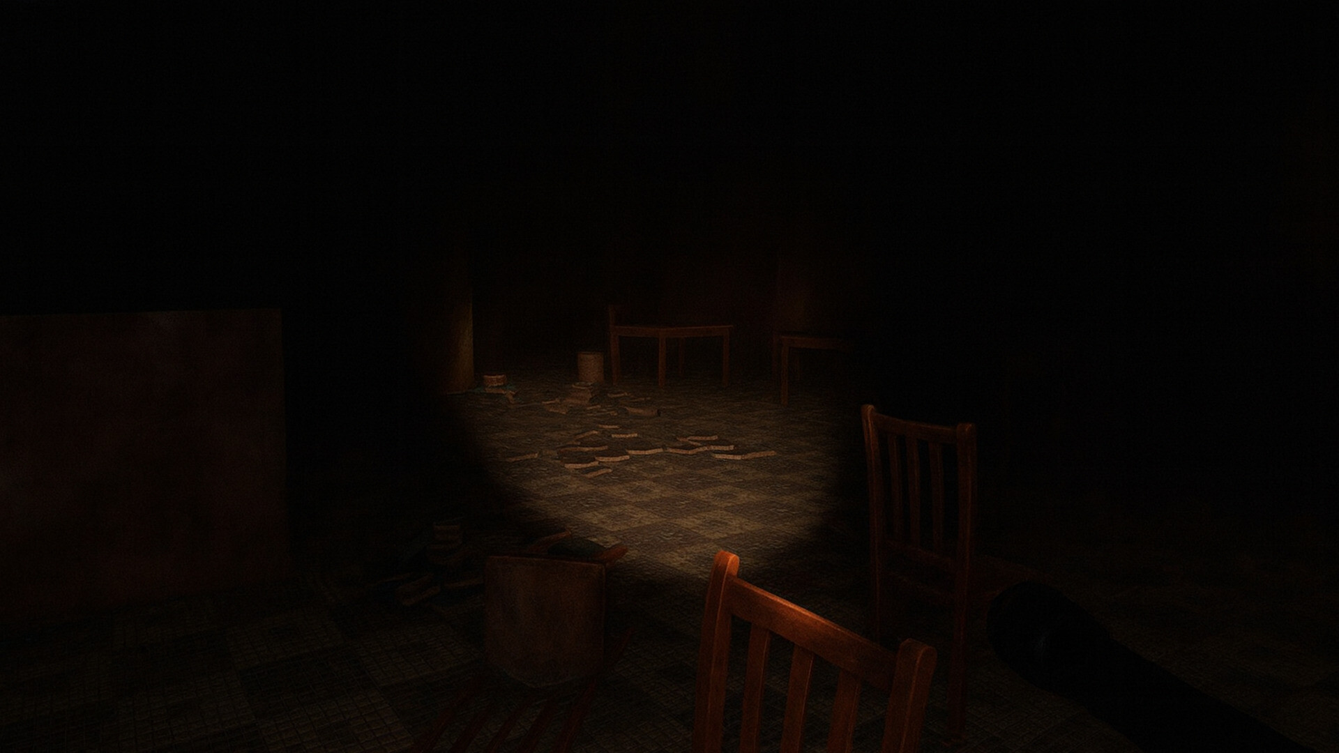 Chairs scattered through a dark room in Veil Realm