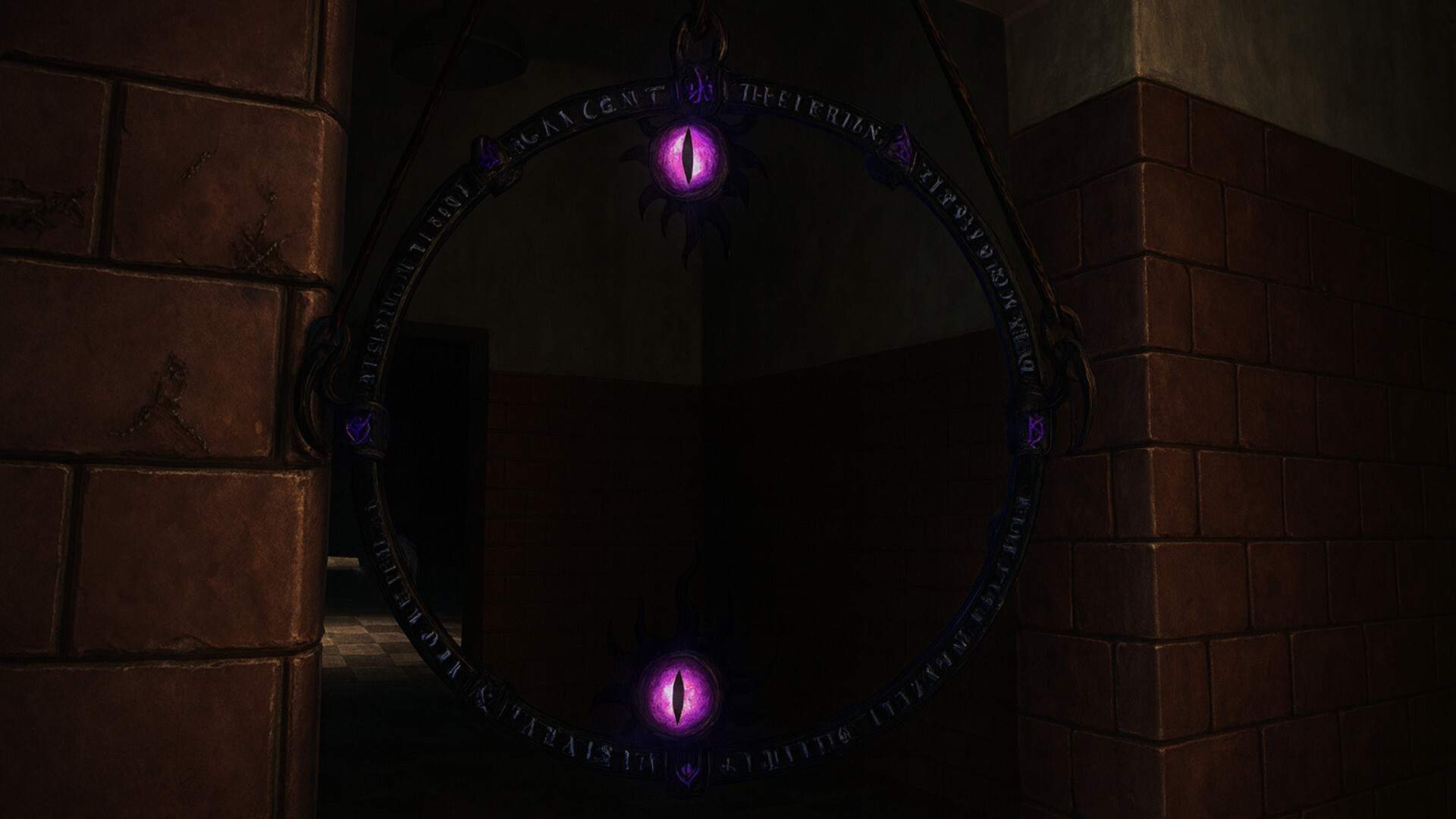 An occult mirror with glowing purple eyes in Veil Realm