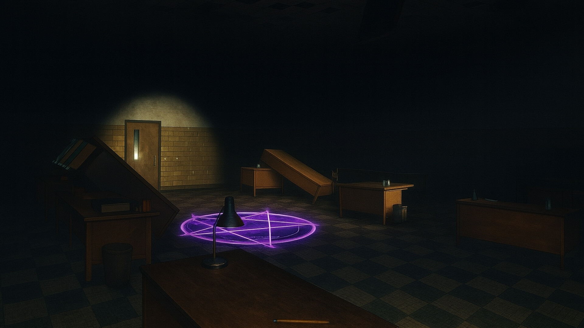 A glowing ritual circle inside the abandoned school
