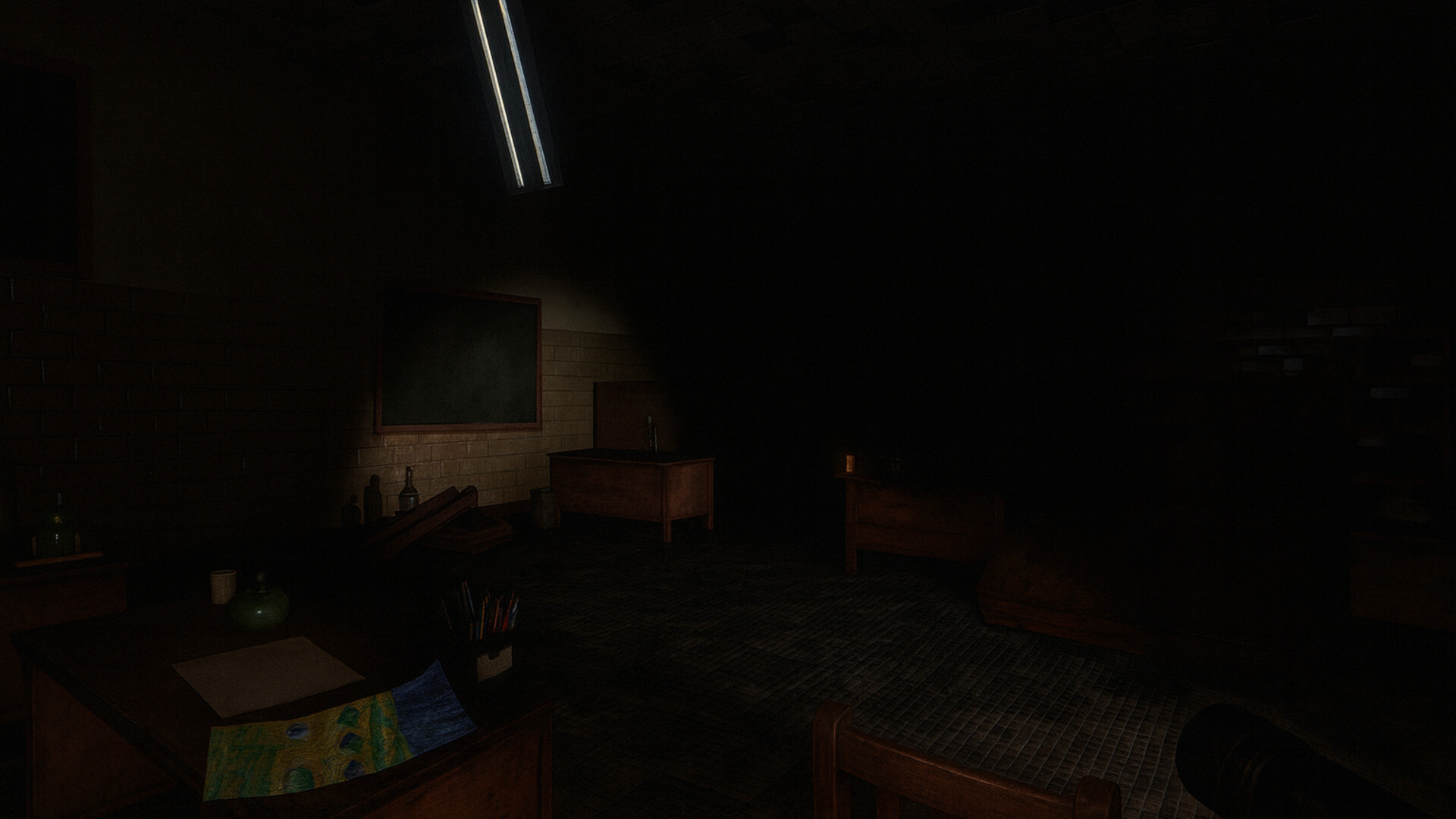 A classroom lit only by a flashlight in Veil Realm