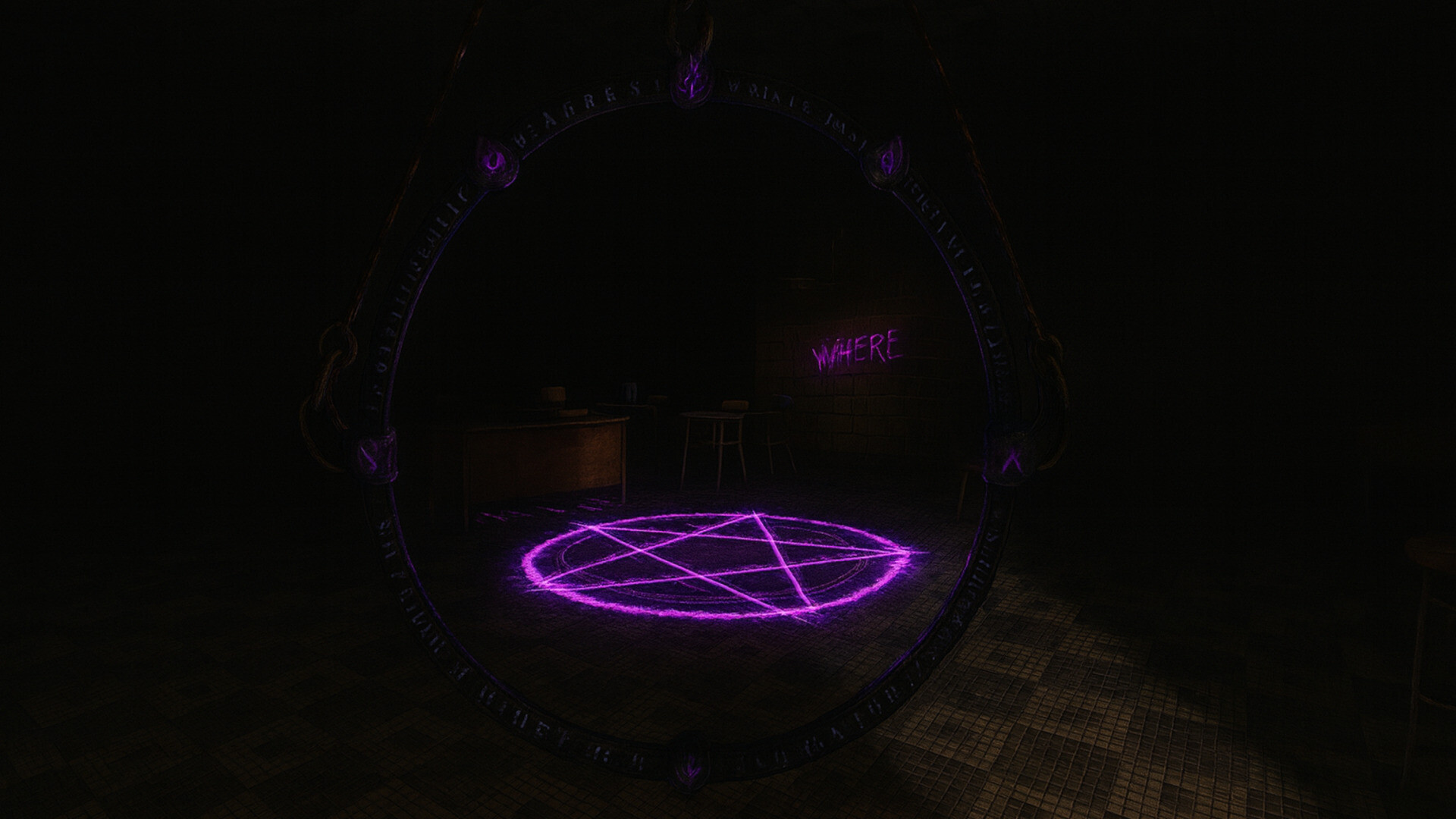 A purple portal opens inside the dark school